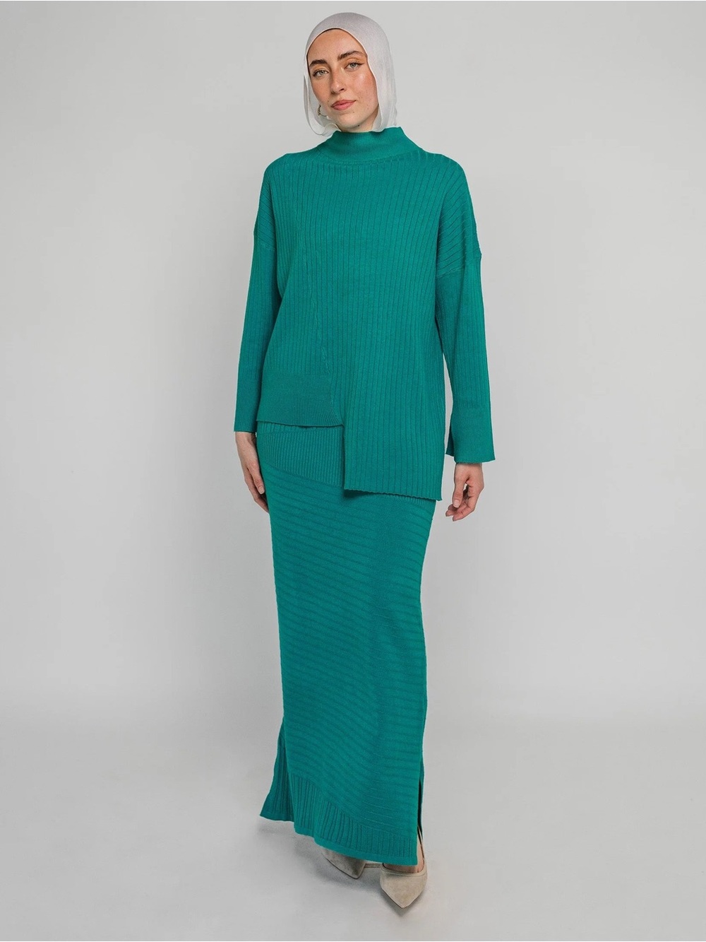 vela scarves rib sweater and skirt set in peacock